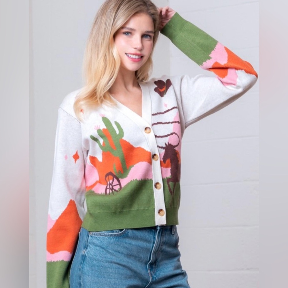 Colorful Women's Cardigan Sweater horse western